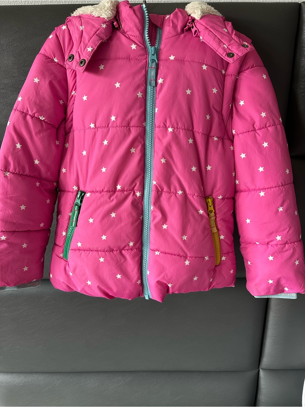 Mini Boden Girls Pink Star Puffer Coat Sherpa Hood 6-7Y 122cm